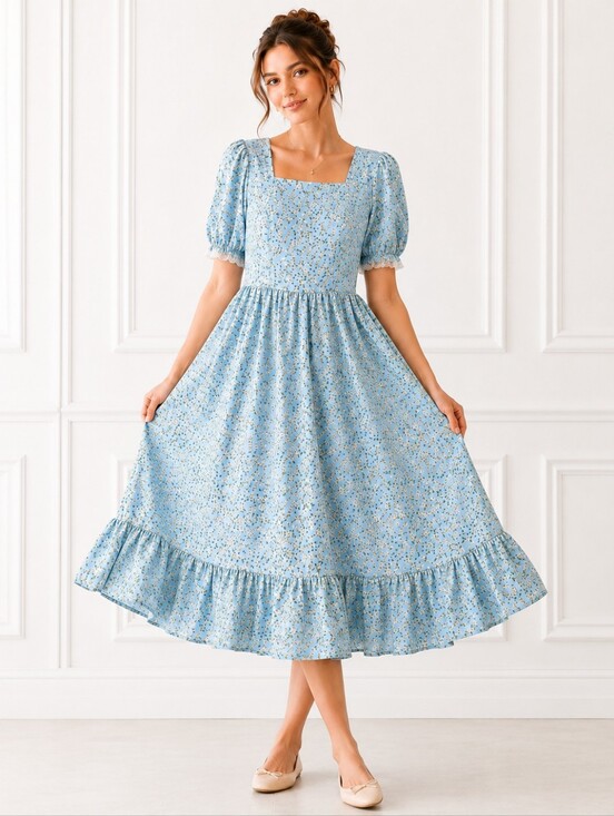 Dresses & Skirts - Blue Floral Cottagecore Midi Dress Size XL Puff Sleeve Square Neck Romantic